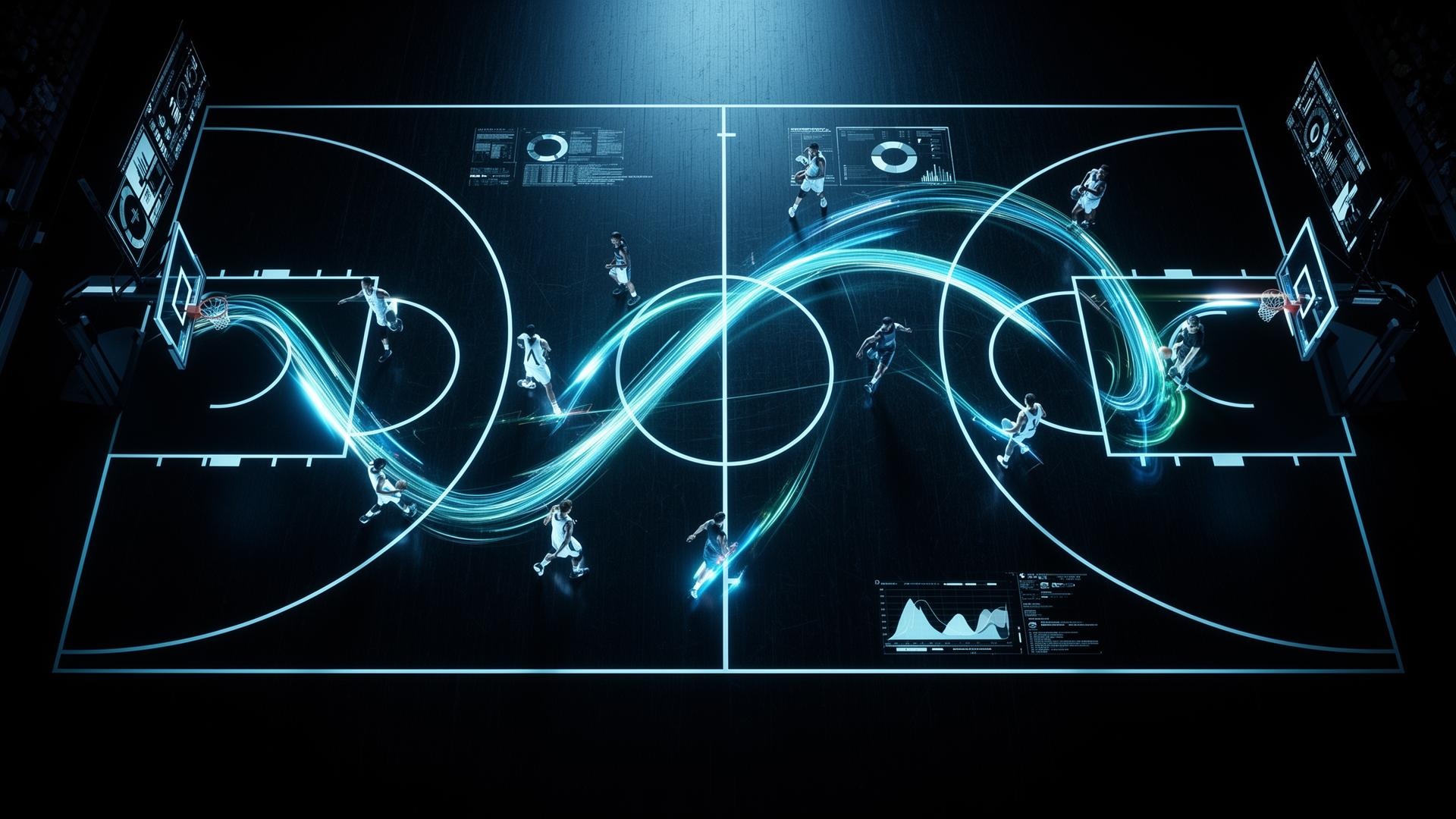 Futuristic basketball court with data visualization